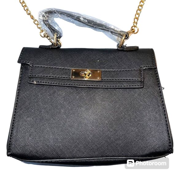 Boutique Womens Small Purse Handbag Black with Gold Chain Shoulder Strap - Picture 3 of 13